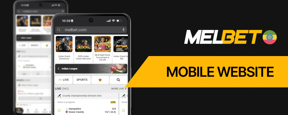 The mobile site on Melbet includes the full sportsbook, casino